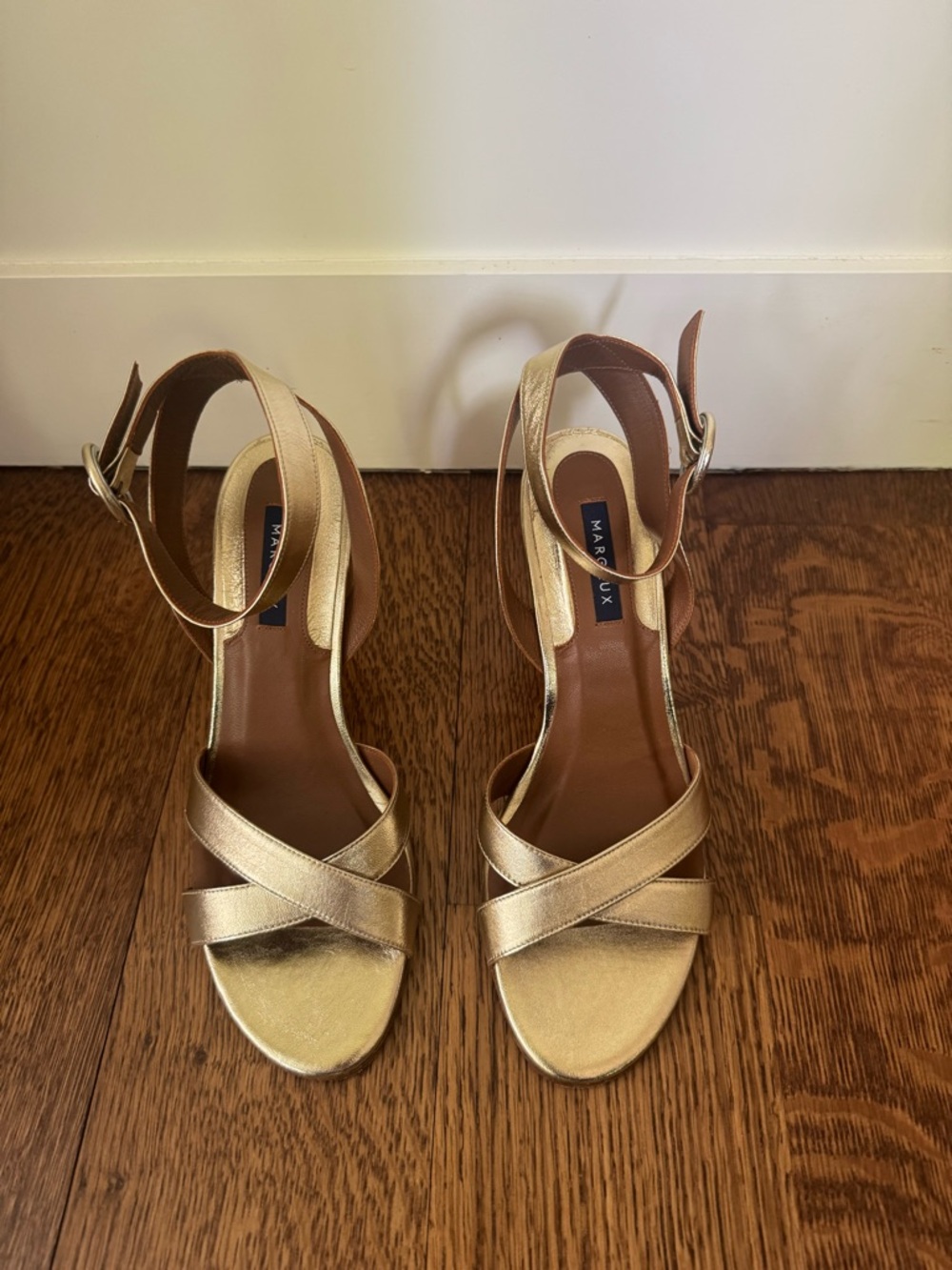 Margaux Metallic Gold Ankle-Strap Block Heel Sandals, SZ 41